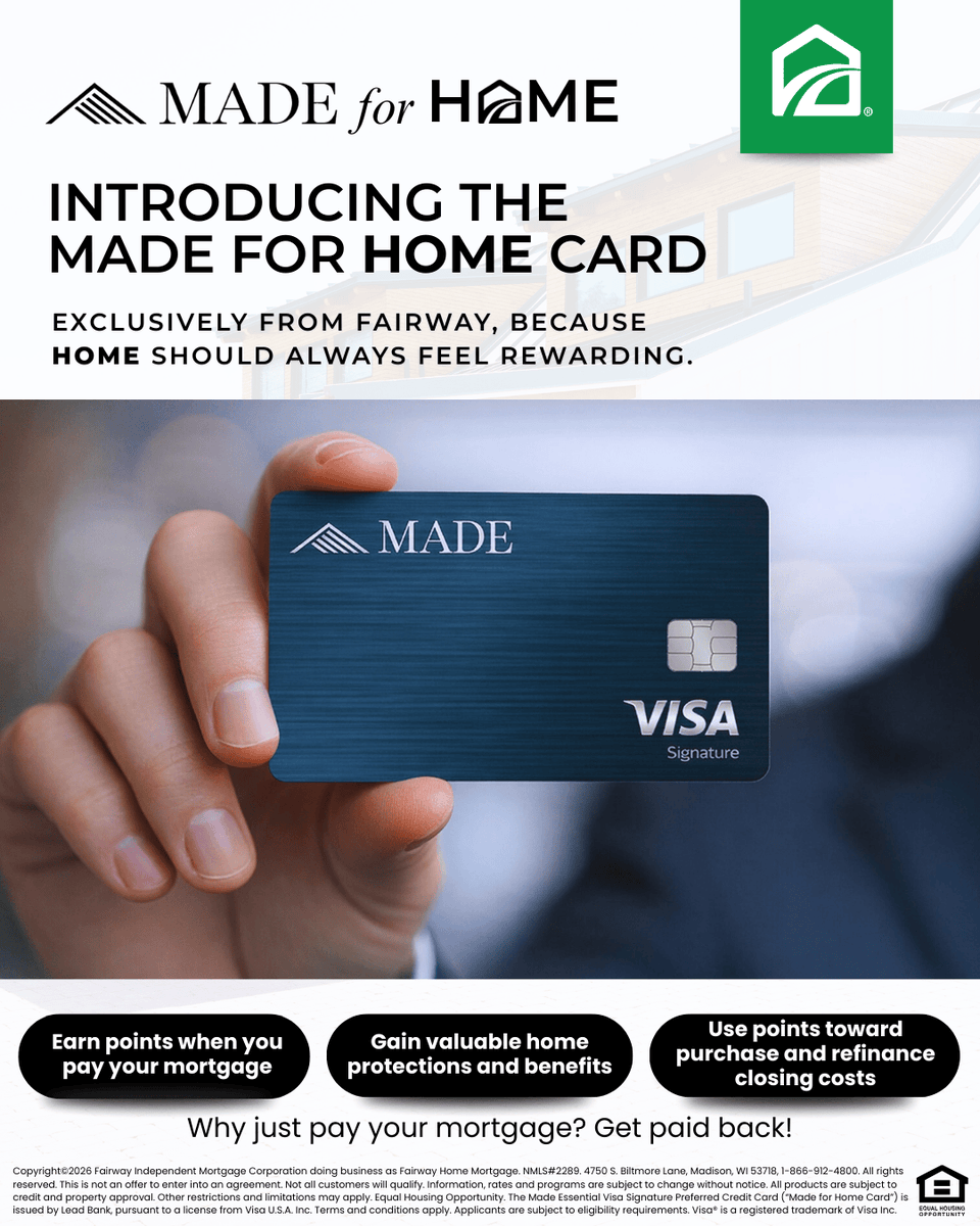 erblendingteam's tweet photo. Homeownership just got even more rewarding. The Fairway Made for Home credit card earns you rewards from mortgage payments, everyday purchases, and even home improvement costs! Your home works hard for you. Now your credit card does too. DM me to learn more! https://t.co/FQcp0aP56Q