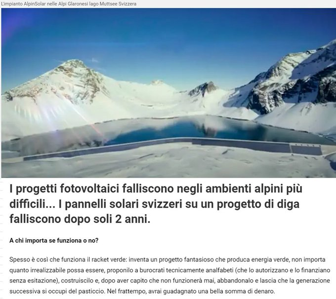 "I pannelli solari della diga di Muttsee cedono dopo due anni: l'impianto solare non è adatto all'uso in montagna".  Ma il "racket verde" se ne frega. Nel frattempo, ha guadagnato un bel po' di soldi per finanziare  gru, elicotteri e attrezzature. 
Ammira!
youtube.com/watch?v=7gQKNE…