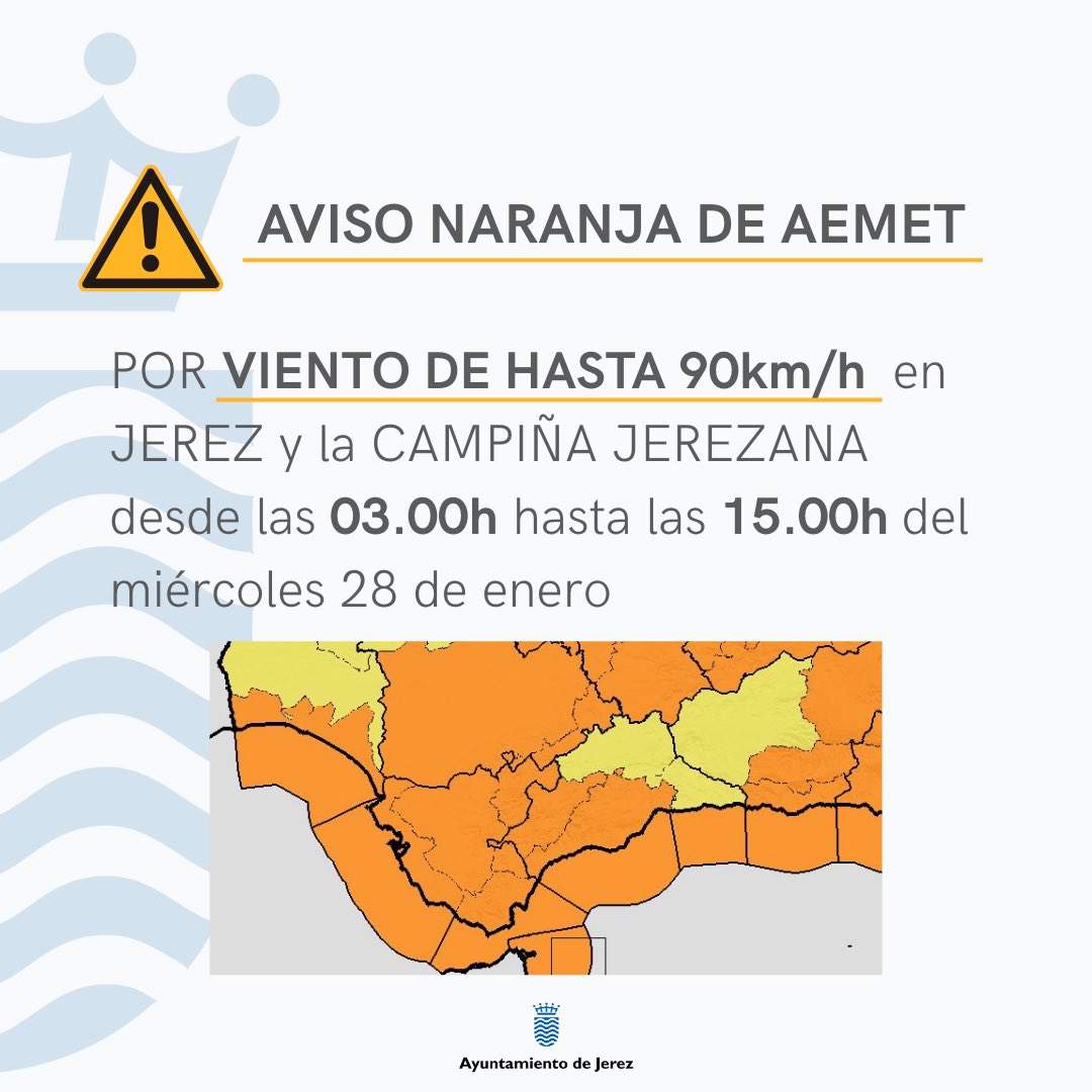 💨 AEMET informa de un Aviso de Nivel Naranja mañana martes en Jerez por viento de hasta 90 km/hora

🕕 Desde las 03.00h hasta las 15 horas

🙏 Rogamos extremen las precauciones