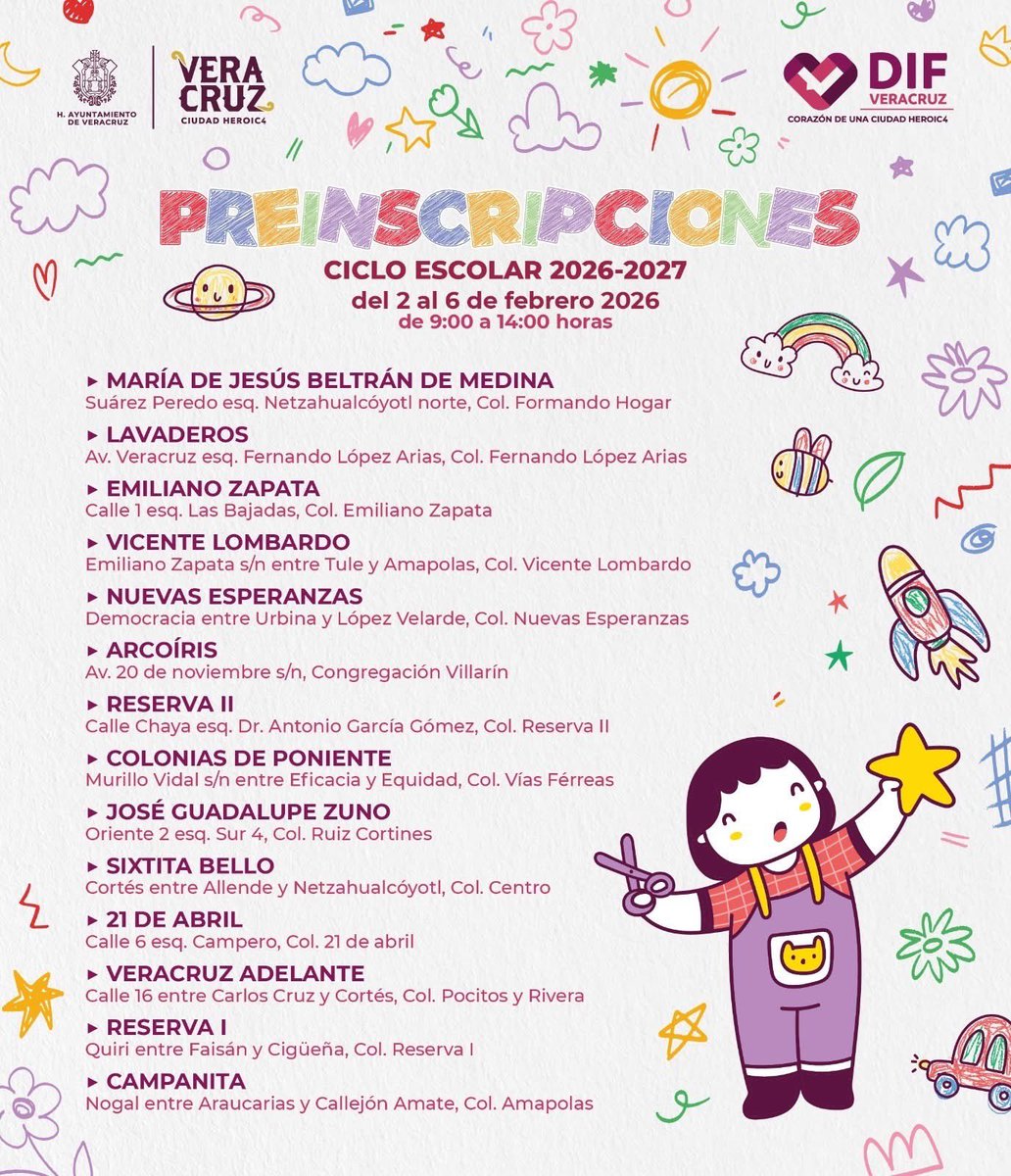 🎒✨ ¡Asegura el lugar de tus peques!

Inician las preinscripciones 2026–2027 en centros CAIC y CADI.

🗓 Del 2 al 6 de febrero
🕘 09:00–14:00 horas
📍 Consulta el centro más cercano en la 2ª imagen