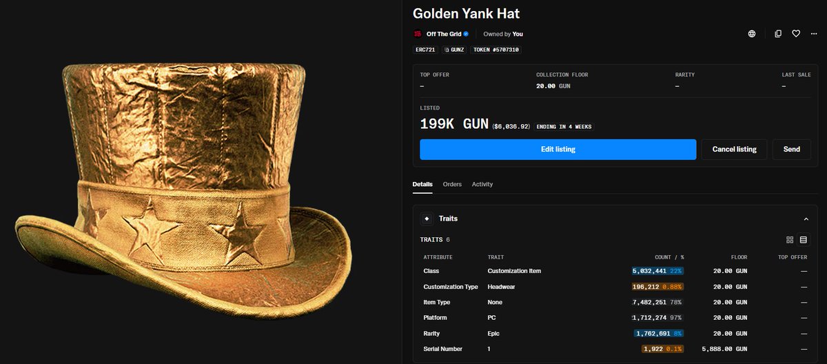 The #1 Golden Yank Hat is now on-sale <a href="/opensea/">OpenSea</a>! 

✅ Only 180 on PC Mainnet
✅ Capped supply (never returning)
✅ Stylish af

Truly one of Off The Grid's best collector gems 💎