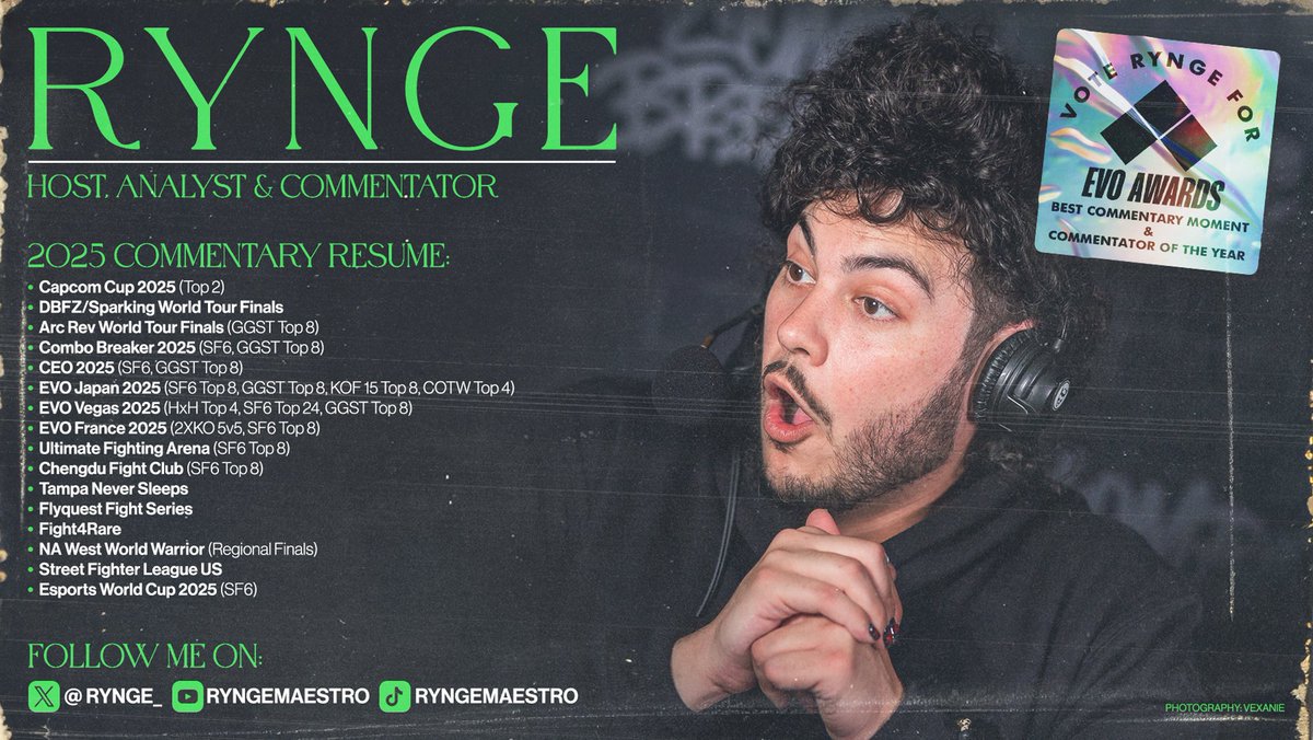 Rynge_'s tweet image. Yo! Here's a beautiful graphic illustrating my big commentary performances in 2025! I am nominated for "Best Commentary Moment" and "Commentator of the Year" and it'd make me happy beyond words if you casted a vote my way. I've been commentating in the FGC for 15+ years and have…