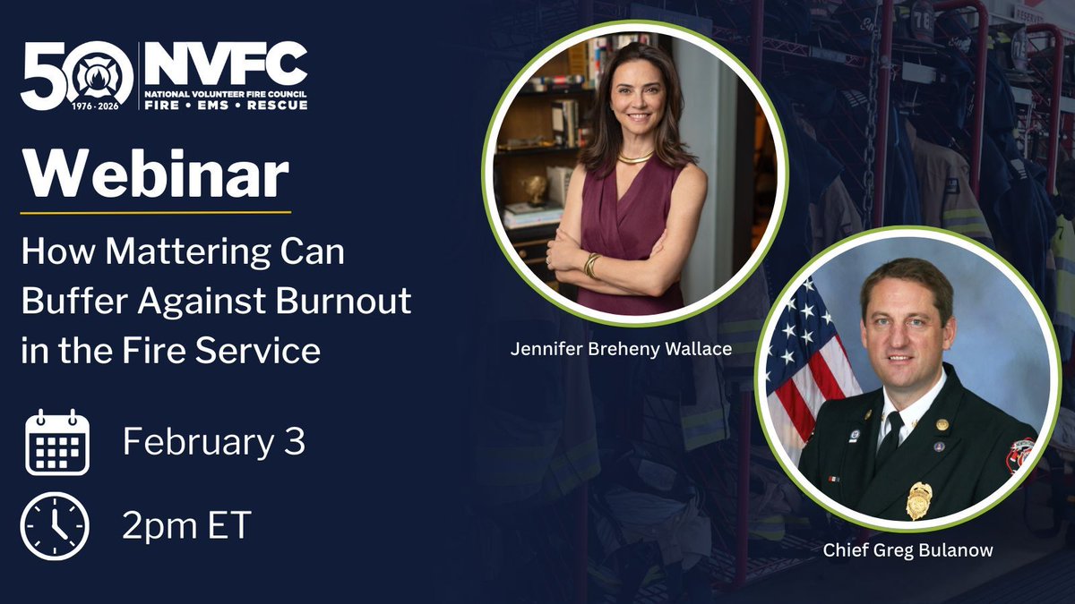 NVFC's tweet image. Burnout is a real challenge in the fire and emergency services. 

Join the NVFC on February 3 at 2 pm ET for a webinar on how feeling valued and connected can help protect mental health and strengthen resilience.

Register today:
buff.ly/Afi2LC8