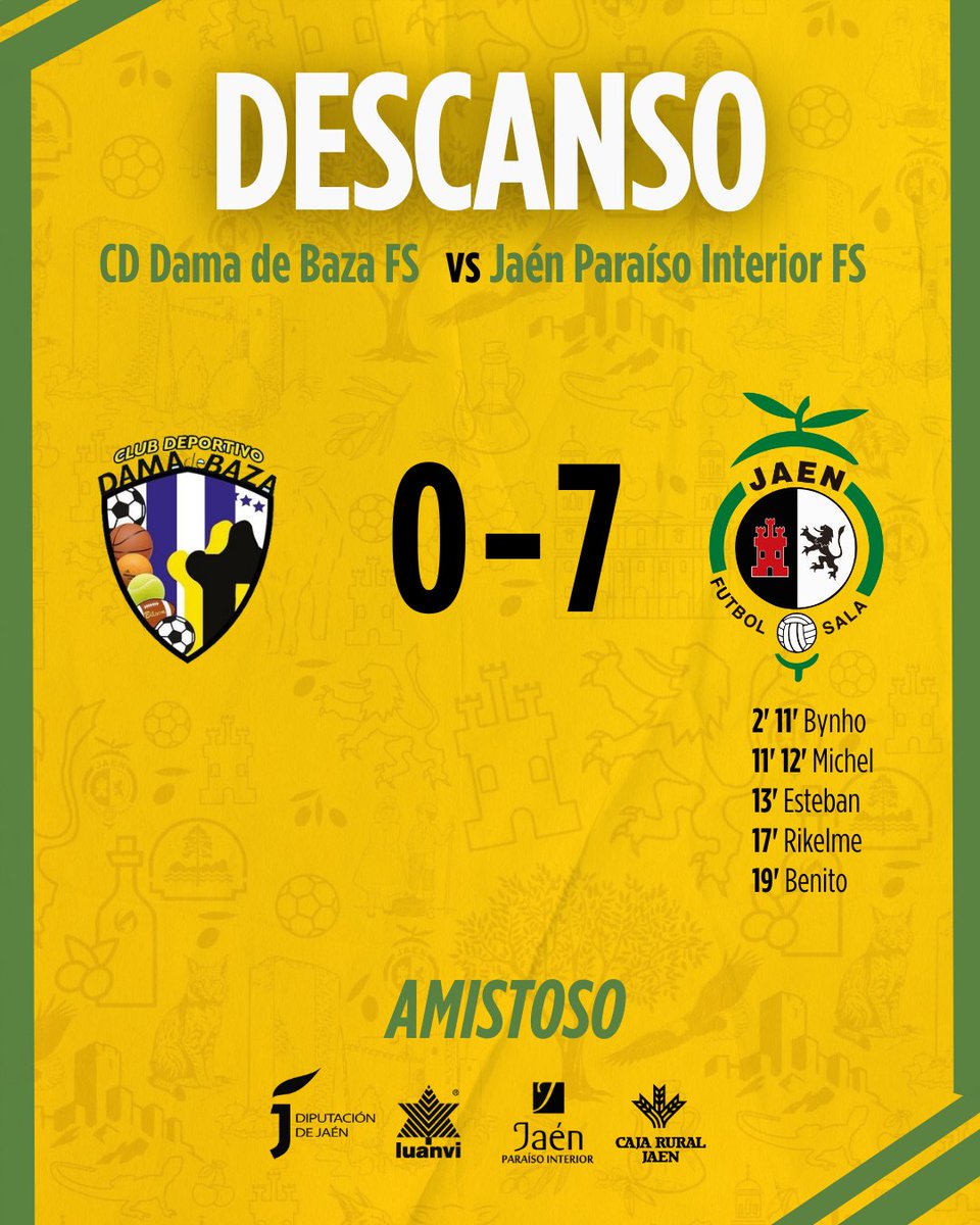 ⏱️ 20' | 0 - 7 | <a href="/DamaBaza/">C.D. Dama de Baza</a> - <a href="/JaenFS/">Jaén Paraíso Interior FS</a>

🎙️ ¡Descanso en el Municipal de Baza! 

#SomosJaén💛 #Amistoso #BazaJaén
