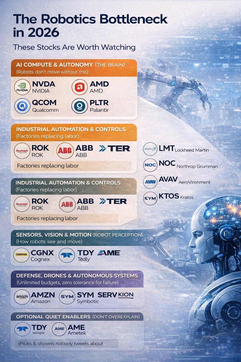 RealJGBanks's tweet image. ROBOTICS ECONOMY: CHEAT SHEET

If today you missed $RR

Do not miss the rest of the robotics run:

Automation &amp;amp; Vision
$ROK $ZBRA $CGNX $FANUY

Surgical Robotics
$ISRG $SYK $MDT $PRCT

Defense Autonomy / Drones
$AVAV $KTOS $LMT $NOC $BAH

AI “Brain” (Compute + Autonomy)
$NVDA…