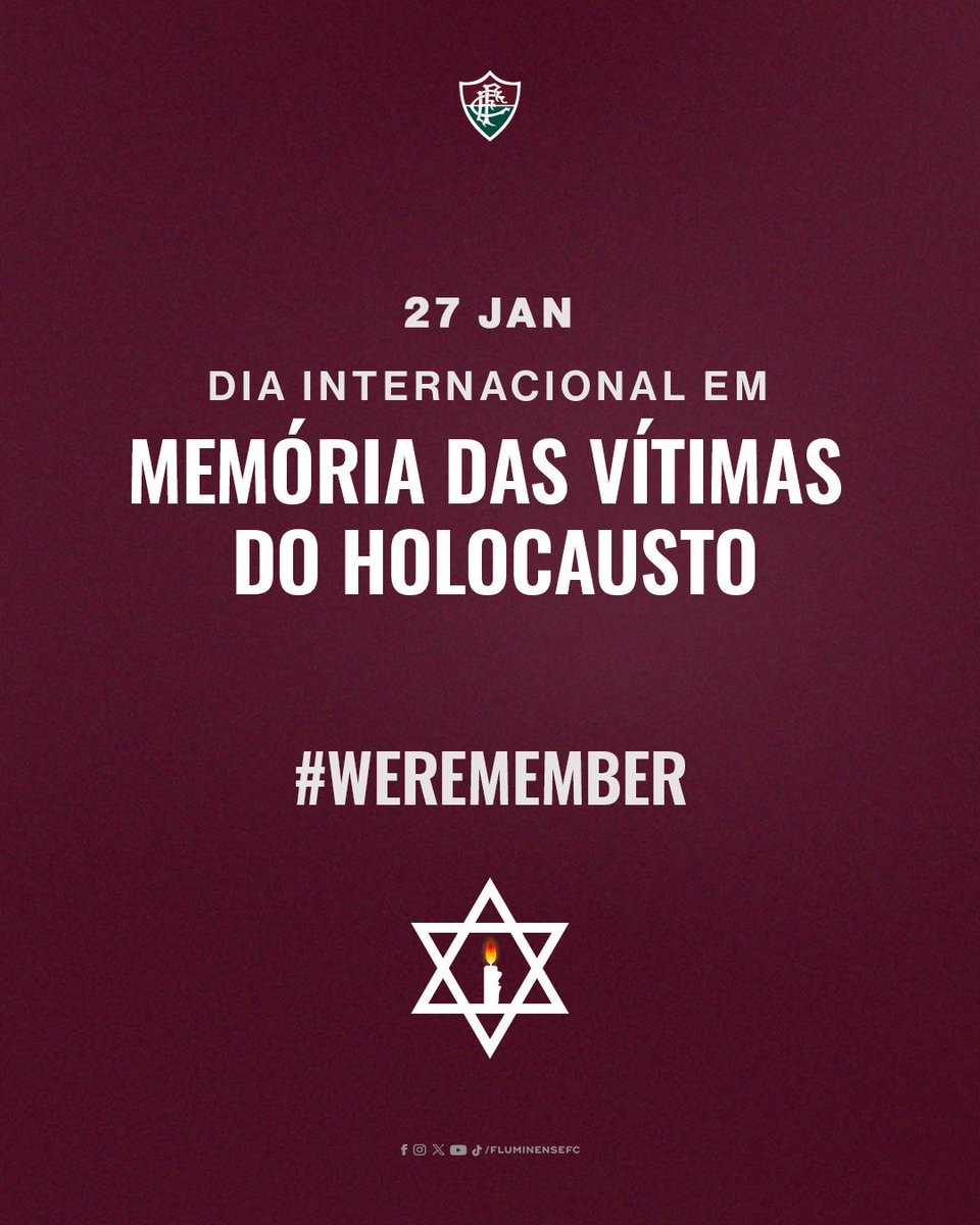 FluminenseFC's tweet image. Para que nunca se esqueça, para que nunca se repita. Lembrar é um ato de justiça. #WeRemember

𝟮𝟳 𝗱𝗲 𝗷𝗮𝗻𝗲𝗶𝗿𝗼 - 𝗗𝗶𝗮 𝗜𝗻𝘁𝗲𝗿𝗻𝗮𝗰𝗶𝗼𝗻𝗮𝗹 𝗲𝗺 𝗠𝗲𝗺𝗼́𝗿𝗶𝗮 𝗱𝗮𝘀 𝗩𝗶́𝘁𝗶𝗺𝗮𝘀 𝗱𝗼 𝗛𝗼𝗹𝗼𝗰𝗮𝘂𝘀𝘁𝗼