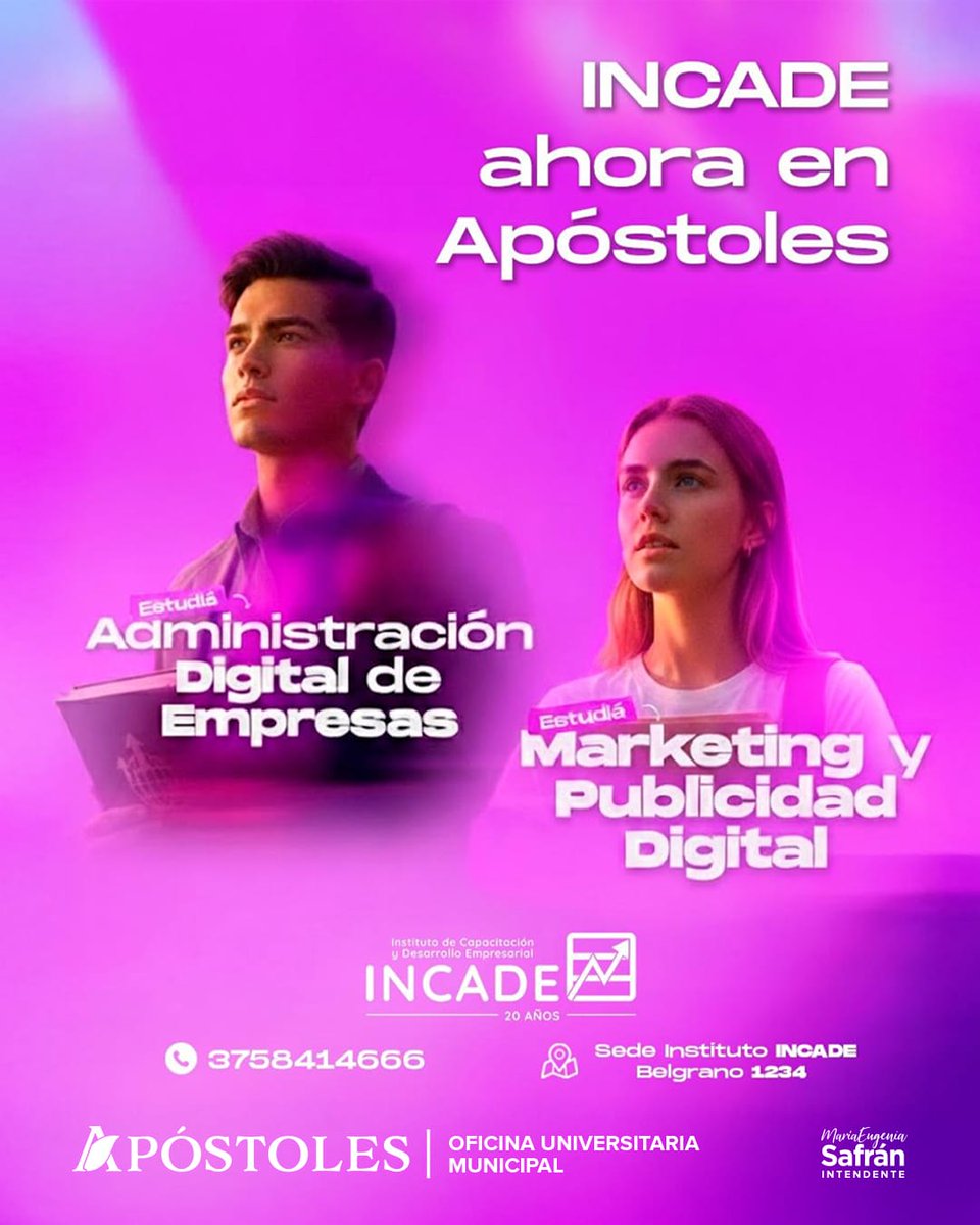 INCADE llega a Apóstoles

La Oficina Universitaria informa que el Instituto INCADE se suma a la ciudad con nuevas propuestas educativas 📚💻

👉 Carreras:
* Administración Digital de Empresas y Marketing
* Publicidad Digital

📍 Informes: Belgrano 1234
📲 Contacto: 3758 414666