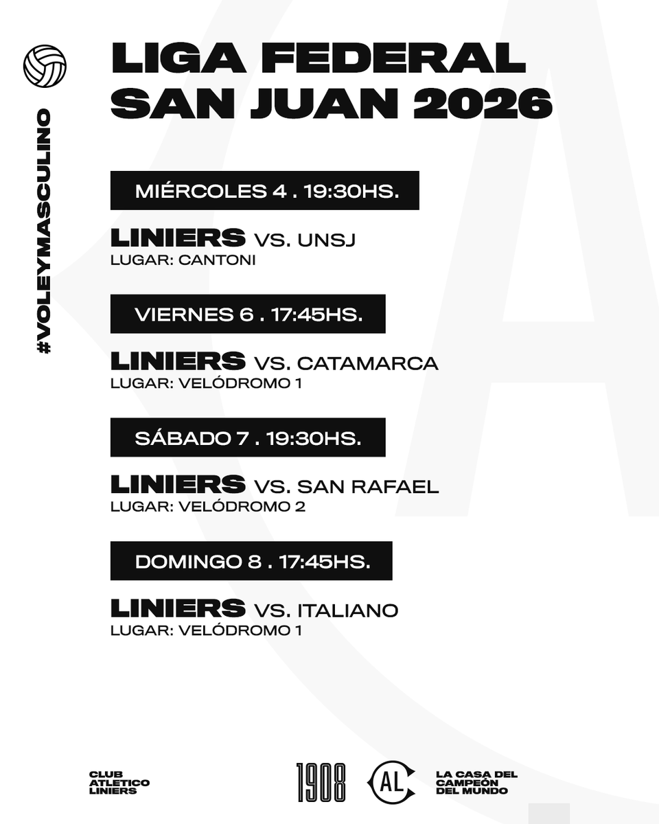 🏐#Voley 

🏆Liga Federal Argentina - Febrero 2026 en San Juan 

Fase Regular
Miércoles 4 19.30 horas vs UNSJ en el Cantoni

Jueves 5 Libre

Viernes 6 17.45 horas vs Juventud de Catamarca en el Velódromo 1

Sábado 7 19.30 horas vs San Rafael Voley en el Velódromo 2