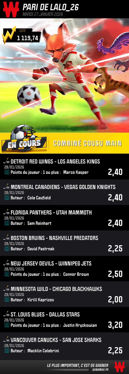 NHL TIME🏒🇺🇸

🎯1119

winamax.link/2JvaM

❤️si tu suis 
 bisous 🫶🏻

#TeamParieur #NHL