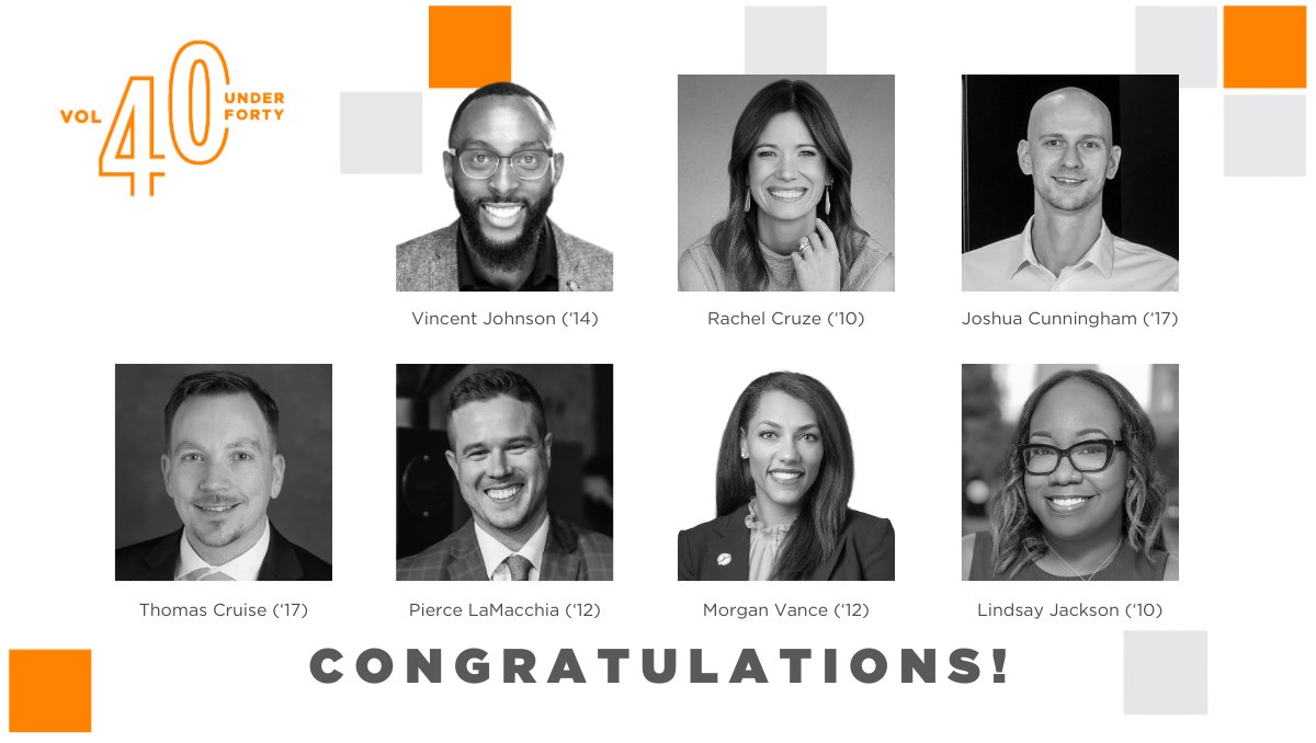 UTCCI's tweet image. Congrats to our CCI alumni named to the Volunteer 40 Under 40, honoring UT graduates under 40 for outstanding personal and professional achievement. #Vol40

Read more about their accomplishments: alumni.utk.edu/awards/volunte…

@tennalum