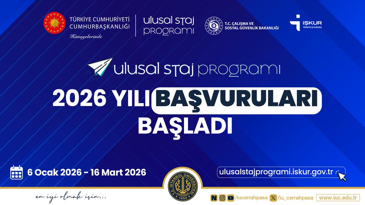 Ulusal Staj Programı 2026 Yılı başvuruları başladı. 📚✏️🧑‍🎓👩‍🎓

✏️ Son başvuru:  16 Mart 2026
✏️ Detaylar:  ulusalstajprogrami.iskur.gov.tr