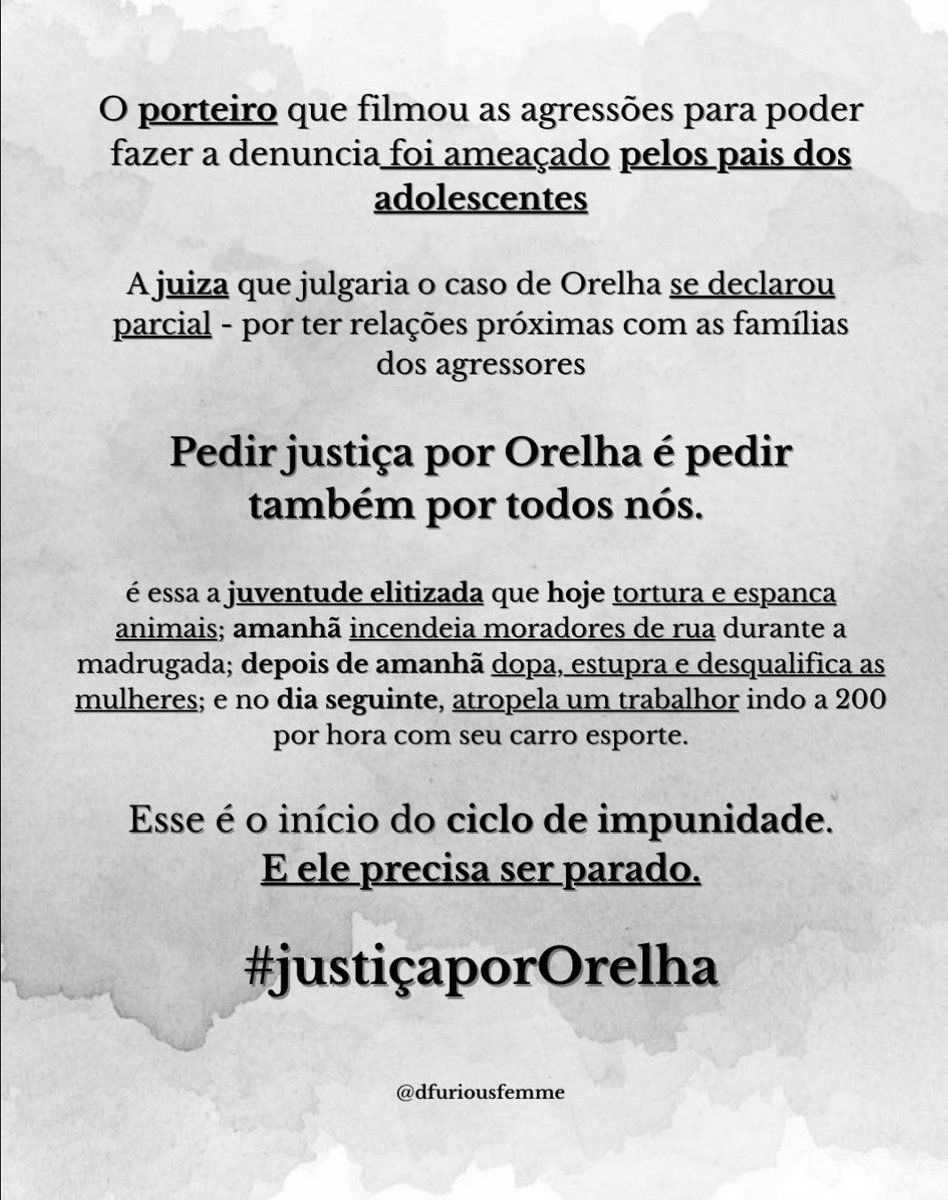 heroipercy's tweet image. simplesmente crueldade.

o orelhinha, totalmente indefeso, foi torturado e morto por quatro adolescentes ricos e nojentos que acham que vão passar impune por essa situação, mas eles NÃO vão. Isso não pode ser esquecido, jamais.

Queremos justiça pelo orelha!!!!!!!