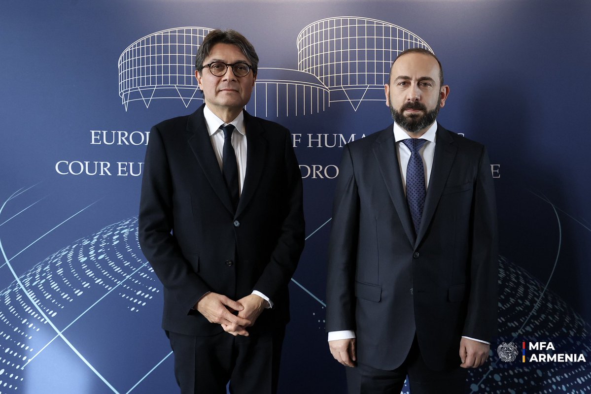 AraratMirzoyan's tweet image. In today’s meeting w/@ECHR_CEDH President Mattias Guyomar stressed that #Armenia stands firmly alongside the Court, first &amp;amp; foremost, its principles &amp;amp; values, &amp;amp; attaches great importance to our cooperation for advancing the democratic agenda in the benefit of 🇦🇲’s citizens.