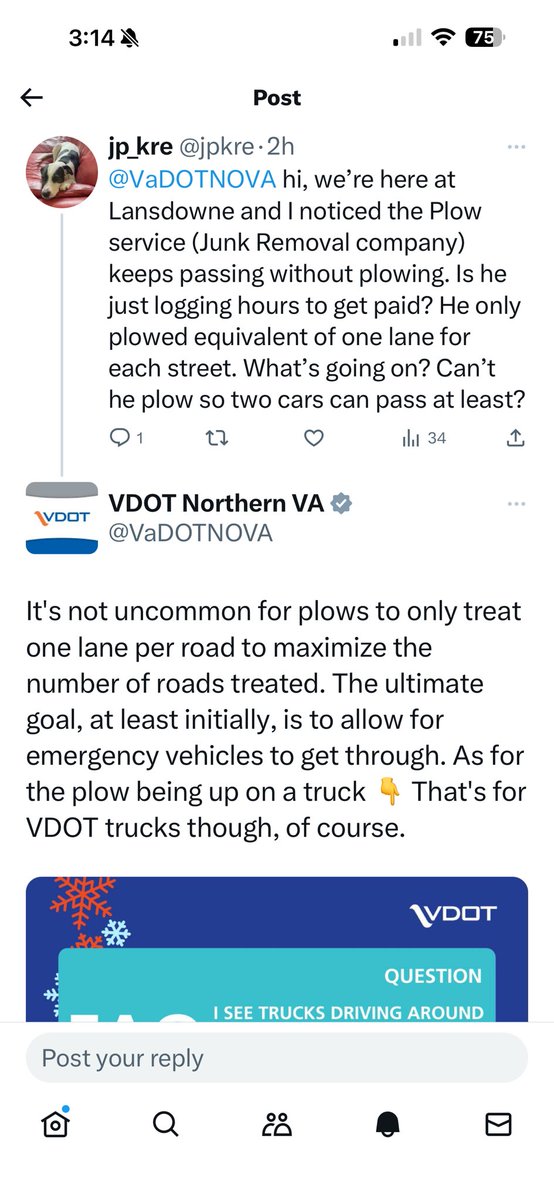 jpkre's tweet photo. @GovernorVA @RepSuhas @VaDOT Been two days. Residents don’t feel safe driving on one lane streets. It’s been two days! Plow more! Lost tax revenues cuz residents r not driving to eat out and buy stuff at groceries/stores. Plow trucks keep passing but are not plowing. Such a waste of time/gas. And taxes lost https://t.co/fJPfuUO9KA