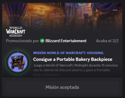 Está disponible una misión de Discord para #WorldOfWarcraft. Solo tenéis que jugar durante 15 minutos con Discord abierto (no hace falta estar en llamada ni nada) 👀

#WoW_Partner #TheWarWithin