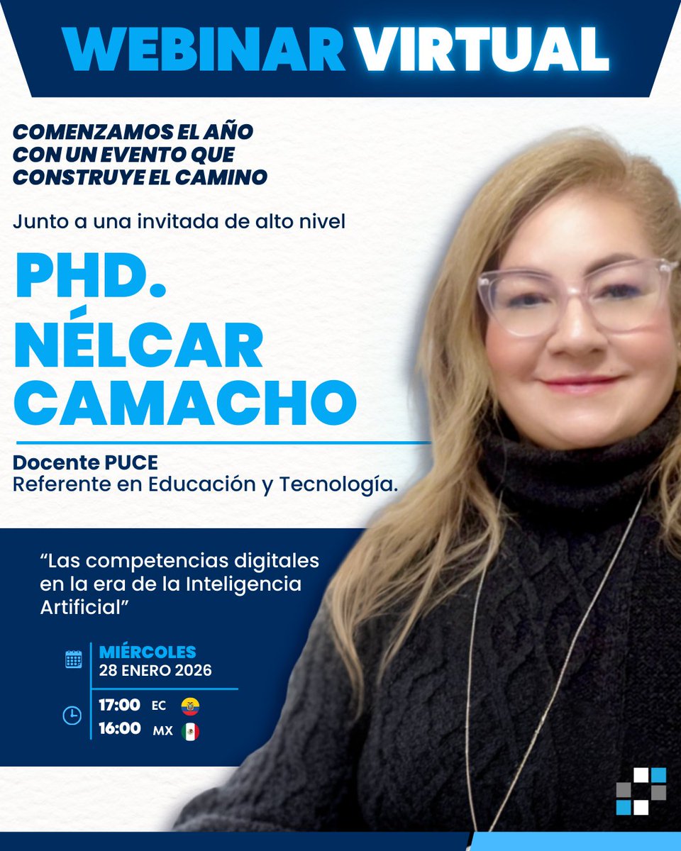 En 2026 el reto docente no es usar IA, sino desarrollar competencias digitales para decidir con criterio 👩‍🏫🧠

🤖 Webinar “Competencias digitales en la era de la IA” con <a href="/NelcarT/">Nélcar</a>, PhD, docente <a href="/PUCEVIRTUAL/">PUCE Virtual</a>  

📚 28/01 | 17:00 EC | 💻 Virtual