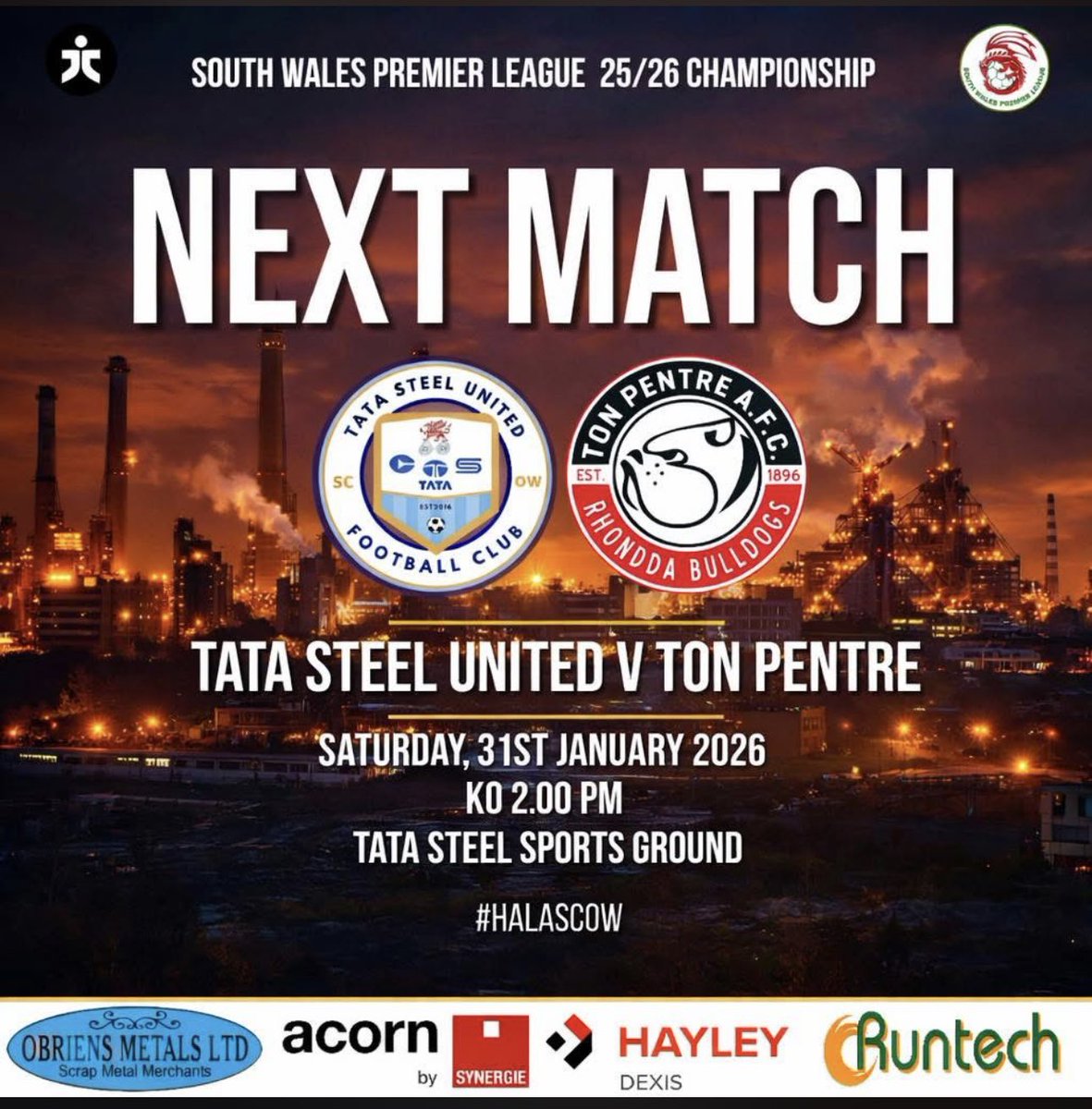 ⚽️NEXT MATCH⚽️

Tata Steel United 🆚 <a href="/TonPentreFC/">Ton Pentre AFC</a> 

📅 Saturday 31st January
⏰ KO 2pm 
📍 Tata Sports Ground
💷 Adults £3 | Children FREE

After another postponement last Saturday, we’re hoping the weather finally plays ball this weekend⚽️