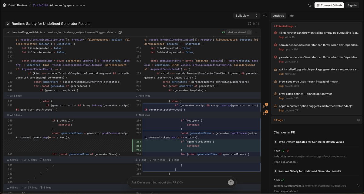 Devin Review UI screenshot
