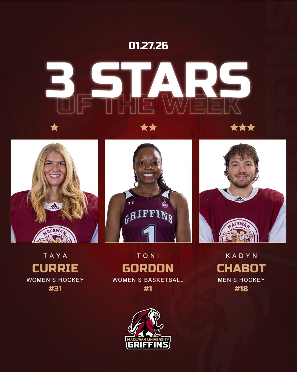 MacEwanGriffins's tweet photo. Congrats to our @MacEwanU Three Stars of the Week!
⭐️ Taya Currie | W🏒 @GriffinsWHKY
⭐️⭐️ Toni Gordon | W🏀 @Griffins_WBB
⭐️⭐️⭐️ Kadyn Chabot | M🏒 @GriffinsMHKY
#GriffNation

STORY➡️https://t.co/JHEIfNDROS https://t.co/WLENY6nRSM