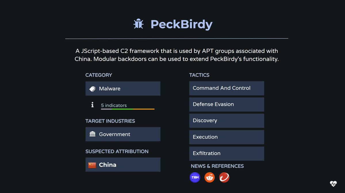 Newly Added Threat Page: PeckBirdy

-  JScript-based C2 framework 
- Used by threat actors aligned with China
- Since 2023
- New primary research from <a href="/trendaisecurity/">TrendAI</a>: trendmicro.com/en_us/research…

Latest news, TTPs, IOCs available on Pulsedive's PeckBirdy Threat page:
