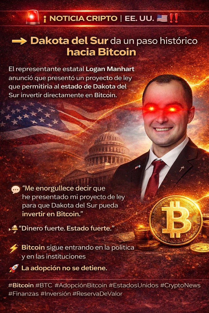 📢 Dakota del Sur da un paso histórico hacia Bitcoin El representante  estatal Logan Manhart anunció que presentó un proyecto de ley que  permitiría al estado de Dakota del Sur invertir directamente