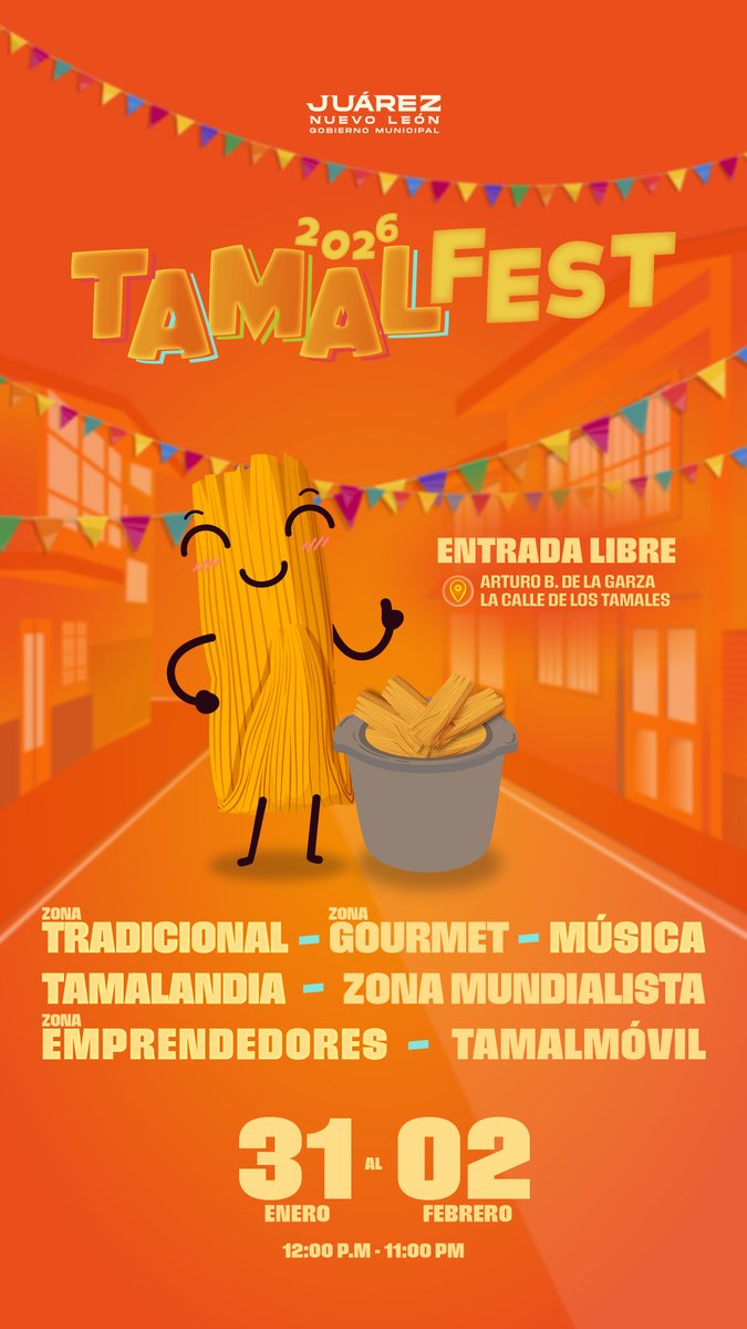 ¡Aquí está el line up oficial del #TamalFest2026! 🎶🫔

Del 31 de enero al 2 de febrero, la Calle del Tamal se llenará de música y diversión para que toda la familia disfrute de un festival lleno de sabor, tradición y grandes presentaciones. 

Evento gratuito 😱🎟️