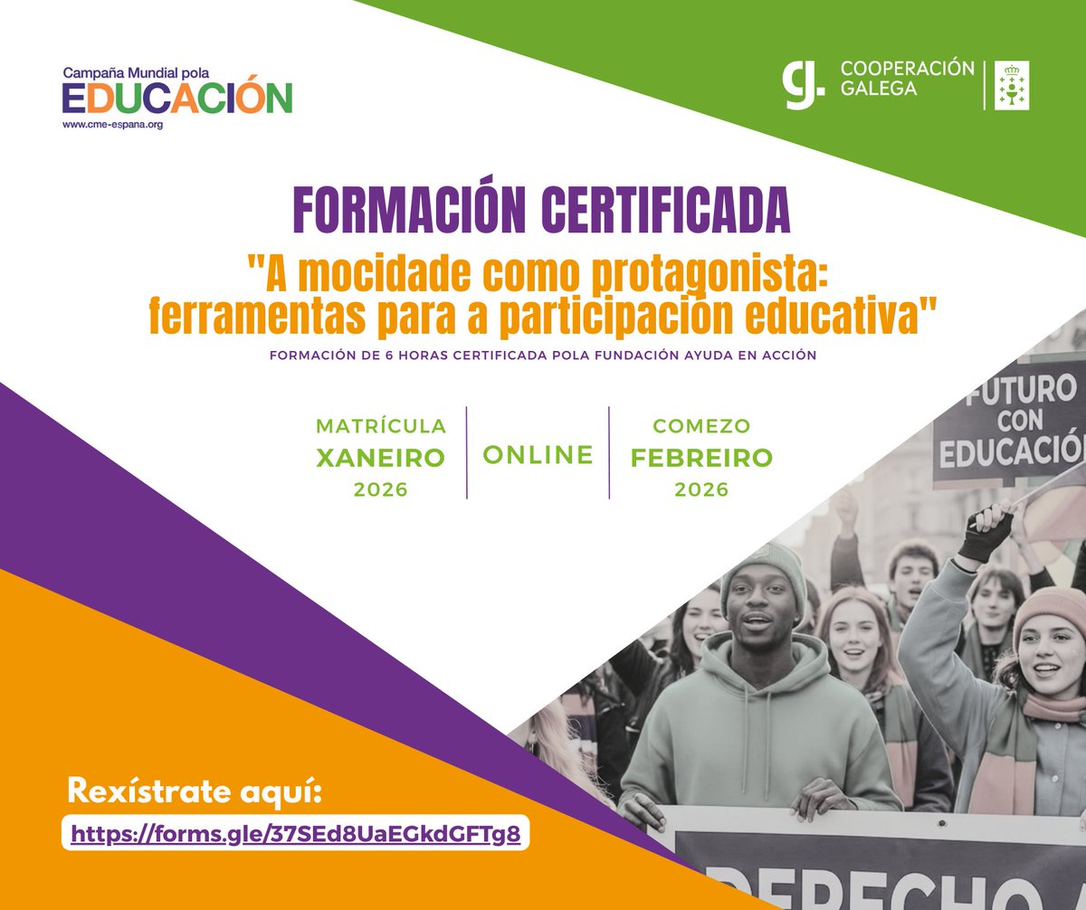 📢 Formación certificada | Matrícula aberta
“A mocidade como protagonista: ferramentas para a participación educativa”

Porque a participación infantil e xuvenil é un dereito, non un favor.

🖥 En liña | 6 horas | Ao teu ritmo
👉 forms.gle/37SEd8UaEGkdGF…