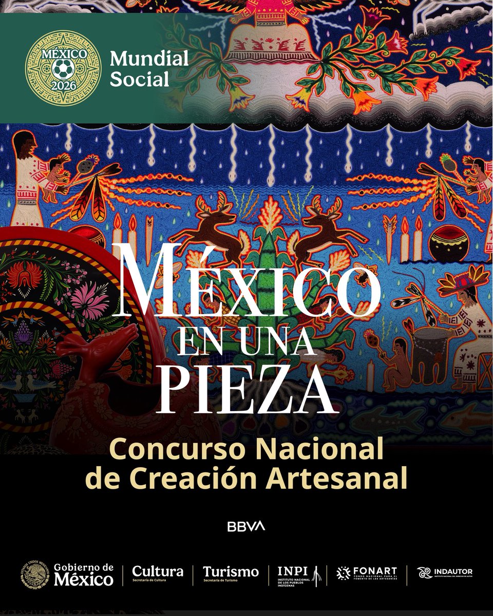 #Comunicado Conjunto 📣

El <a href="/GobiernoMX/">Gobierno de México</a> lanza el Concurso Nacional De Creación Artesanal “México En Una Pieza”. 🤩🏺

Participan <a href="/cultura_mx/">Secretaría de Cultura</a> , <a href="/SECTUR_mx/">SECTUR México</a> y <a href="/BBVA_Mex/">BBVA México</a>, a través de Fomento Cultural BBVA México, con el apoyo del INPI. Dirigido a colectivos, talleres y agrupaciones