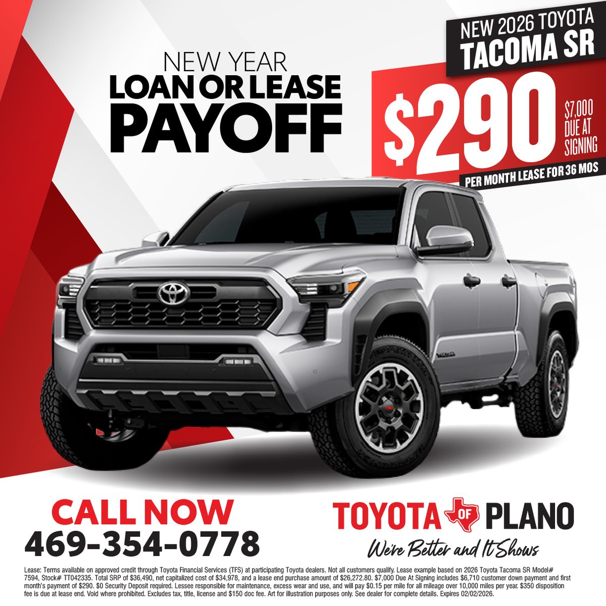 Get the tough truck you want without the heavy payment🚘 Secure a 2026 Tacoma SR with deals like $290/mo for 36 months during our New Year Loan or Lease Payoff🔴

Find out why we're better &amp; it shows👍 (link in bio)

#ToyotaOfPlano #2026Toyota #2026Tacoma #ToyotaTacoma