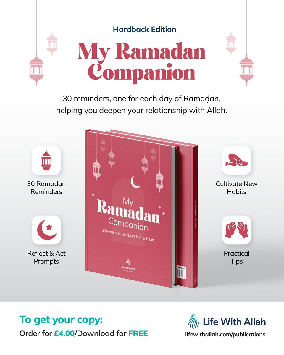 alifewithallah's tweet image. 📖 My Ramadan Companion – Hardback Edition 🌙

Make this Ramaḍān truly transformative with 30 powerful reminders — one for each day of the blessed month.

🛍 Order early to receive your copy before Ramaḍān:
lifewithallah.com/publications/m…

This book will help you:
✨ Deepen your…