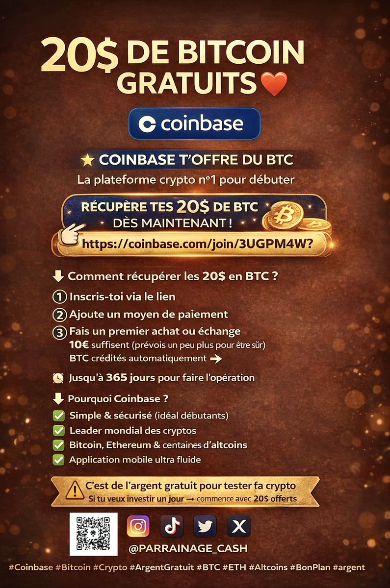🚨🎁 20$ offerts en Bitcoin avec Coinbase ! 💰Inscris-toi via mon lien et  reçois 20$ en BTC après ton 1er achat de seulement 10$ 👉  https://t.co/Mq4vWDr187 ✓ Simple, rapide, sécurisé ⚡Bonus immédiat,