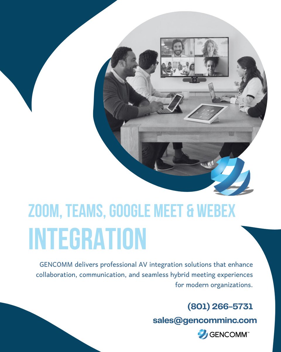 GenCommHQ's tweet photo. Upgrade the way your team connects. 🚀 From crystal-clear audio and video to seamless hybrid collaboration, GENCOMM designs AV solutions that make every meeting more productive, professional, and engaging. 
#GENCOMM #AVSolutions #HybridWork #VideoConferencing #SmartTechnology https://t.co/m6Tt2QACPD