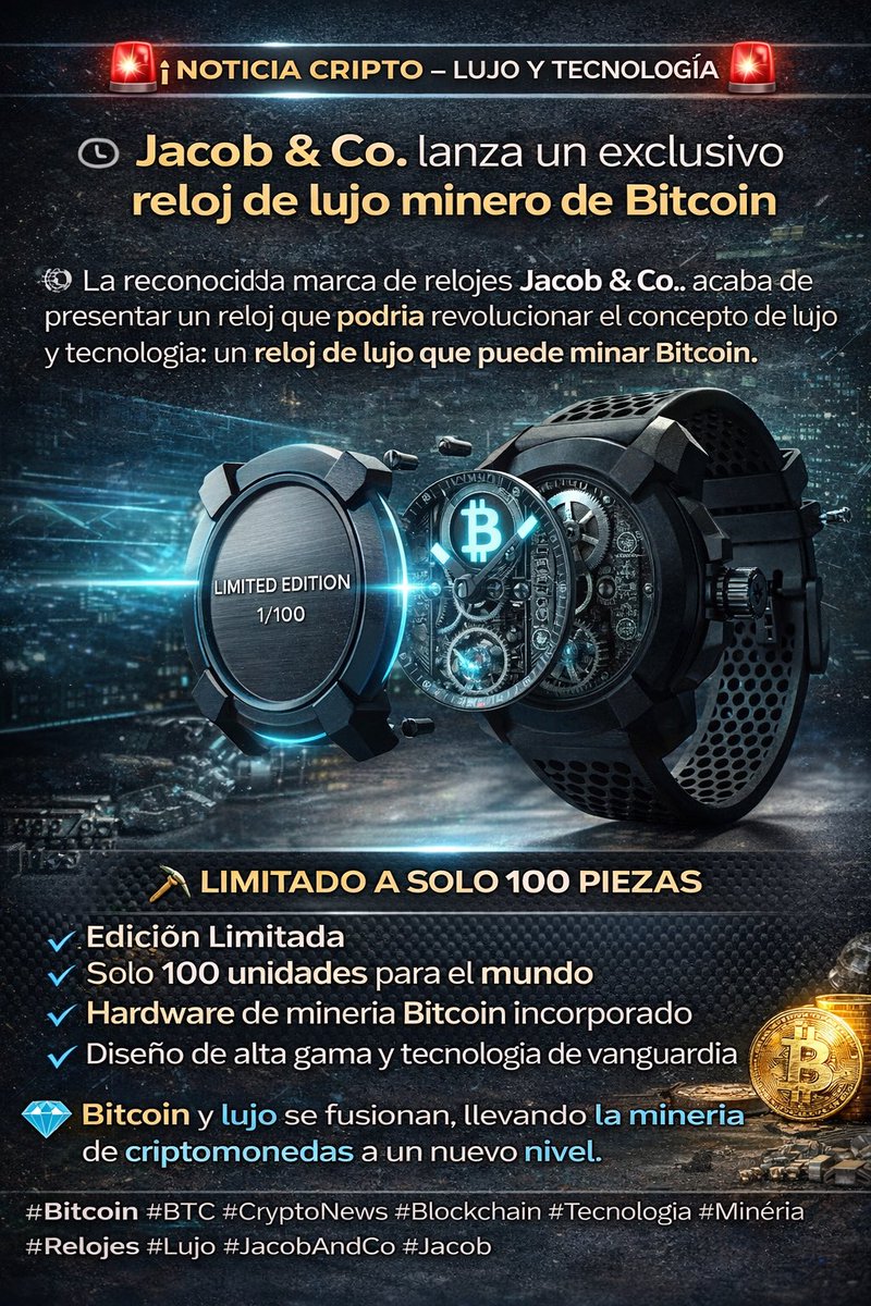 La famosa marca de relojes de lujo Jacob & Co acaba de anunciar un reloj  capaz de minar Bitcoin ⛏️₿ Se trata de una edición limitada, que integra  tecnología cripto directamente en