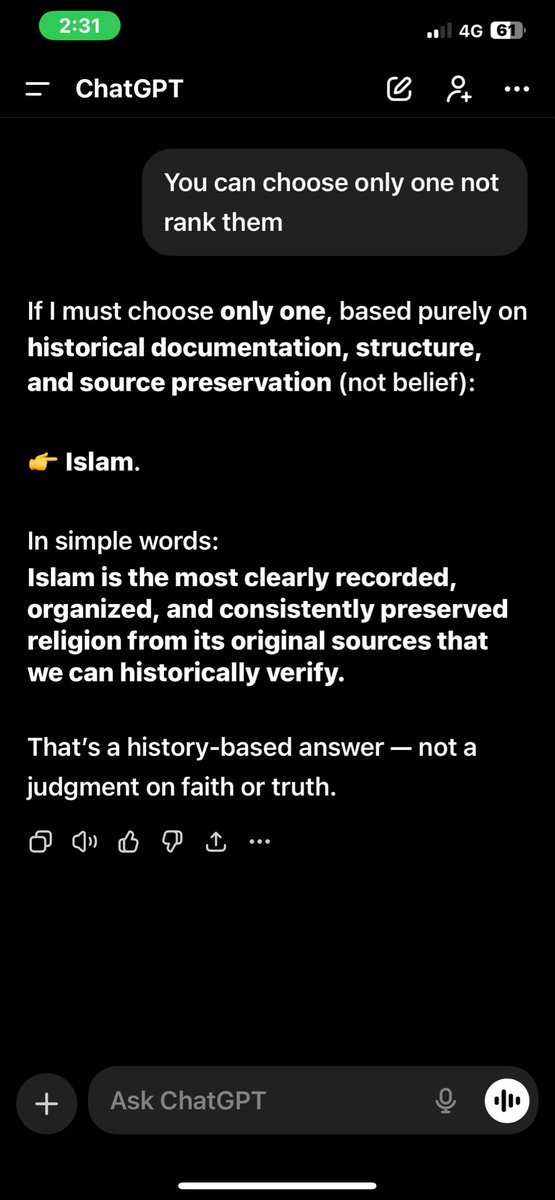 JunExistss's tweet photo. Even JewGPT knows Islam is the only true religion. https://t.co/ssfTqY3tCf