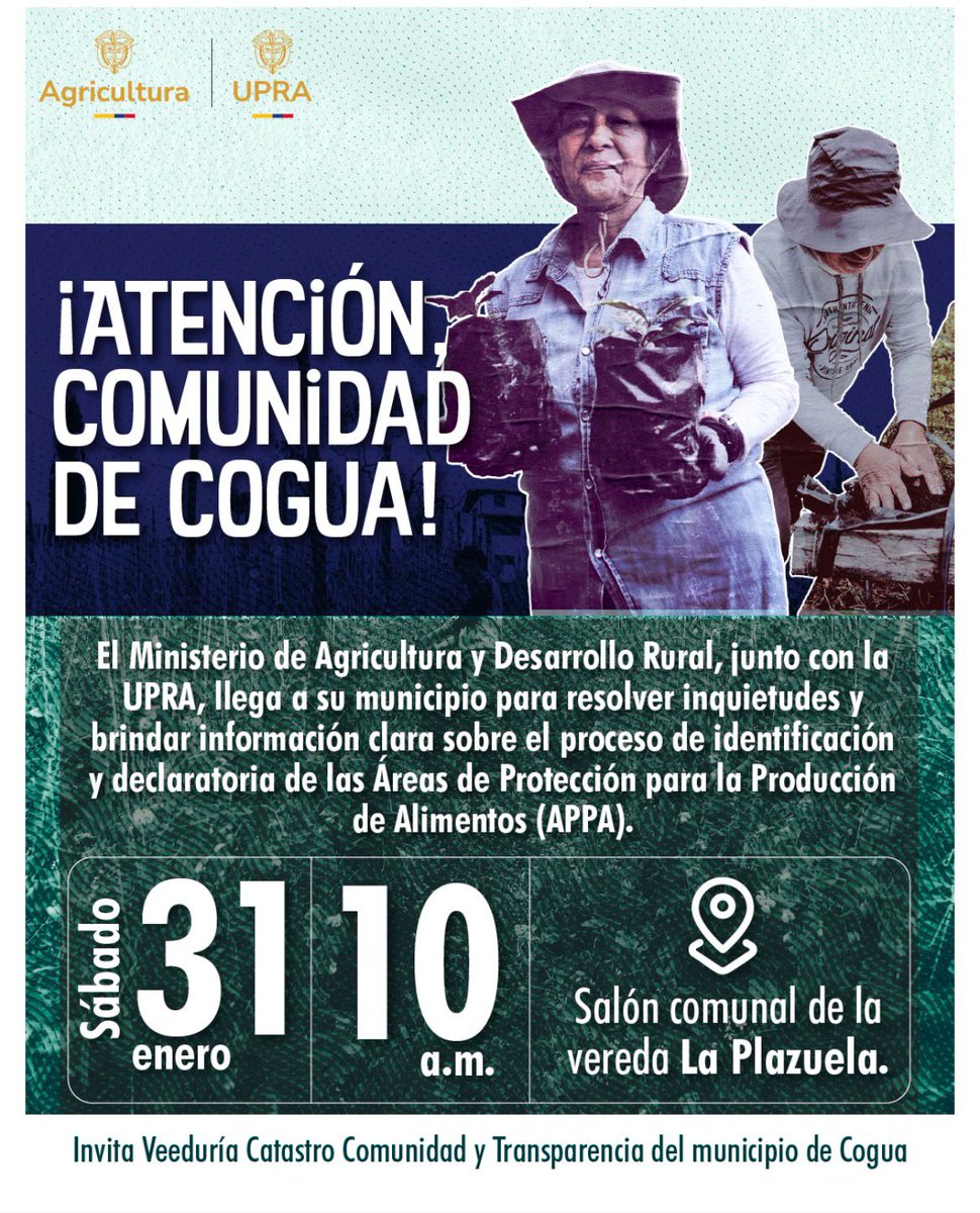 Cogua Cundinamarca a la expectativa: <a href="/MinAgricultura/">Min. de Agricultura</a> y <a href="/UPRAColombia/">UPRA</a> socializarán declaratoria de APPA el 31 de Enero/2026.
​
Este sábado 31 de enero/2026, a las 10:00 a.m., delegados del Ministerio de Agricultura y Desarrollo Rural, junto a la Unidad de Planificación Rural