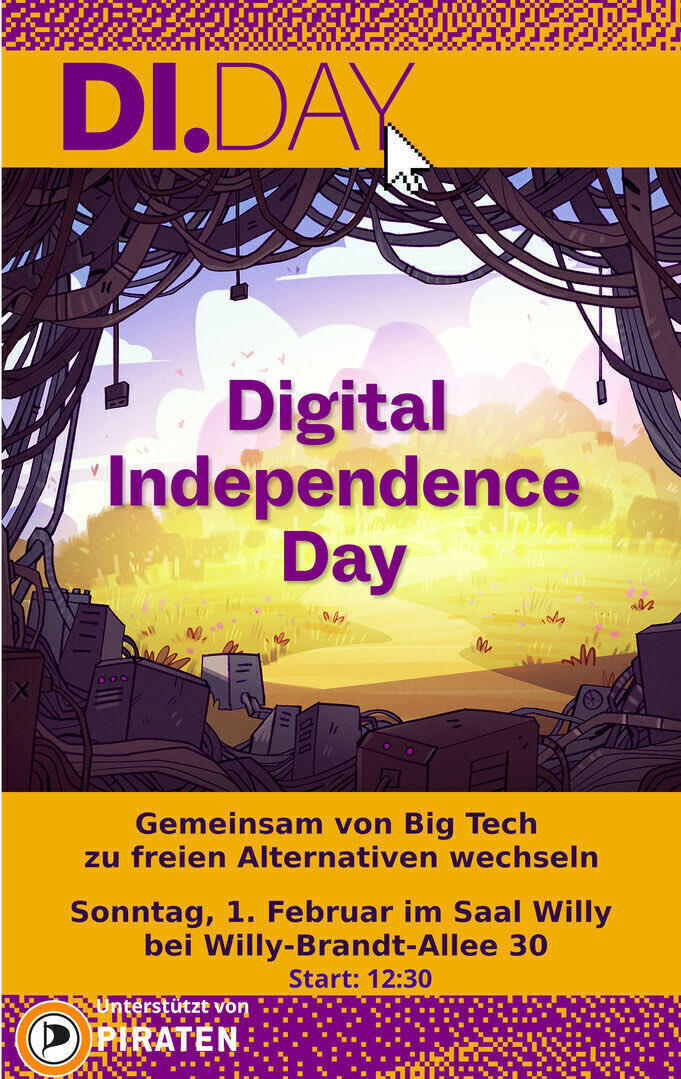 AlexKohler1's tweet photo. Wir laden euch herzlich zum #DUT #DiDay in #München ein!
Es geht darum, sich unabhängiger von den "Big Tech" Firmen(Google, Microsoft, Apple,...) zu machen.
Im Fokus, Geräte:
Von #Windows zu #Linux
Von #Android mit Google zu Android ohne Google (#deGoogled Android)
Von Tracking zu störungsfreiem Surfen dank einem #Werbeblocker
Es wird hierzu einen kurzen Vortrag geben und anschließend geht es zum praktischen Teil über.
📆01.02, 12:30 Uhr
📍Willy-Brandt-Allee 30