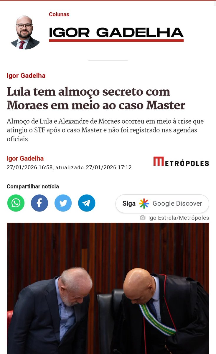 taoquei1's tweet photo. Lula e A-lei-xandre tem encontro secreto após escandalo do master avançar em toda a republica.
O cara que jurou que ia acabar com os sigilos se encontra as escondidas com ministro citado no maior escândalo financeiro do Brasil, assim como com o dono do próprio banco.
Mas estao me jurando que estamos numa democracia plena. Que as instituições estao funcionando. Que é perseguição. 
Se você ta vivendo esse momento sem um nariz de palhaço, você ta vivendo esse momento errado.