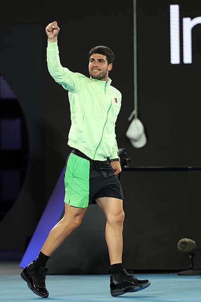 JustFreshKicks's tweet image. Carlos Alcaraz wearing the “Gamma” Air Jordan 11s today at the Australian Open 🥶🔥
