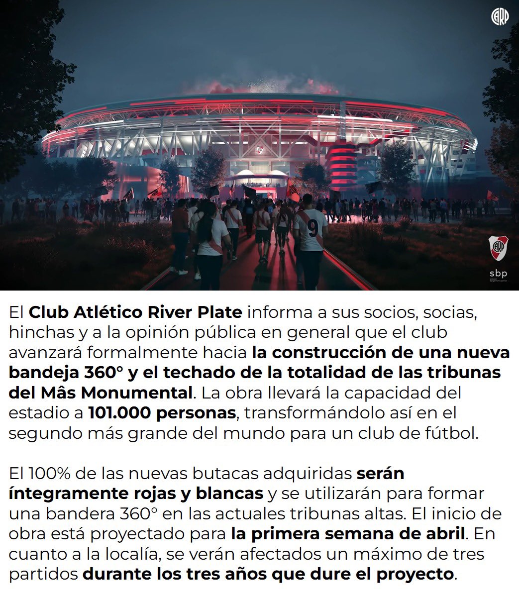 porquetendencia's tweet photo. "Monumental":
Porque River anunció la ampliación y el techado de su estadio https://t.co/wZdq6NFqr5