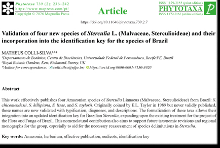 Phytotaxa's tweet image. Validation of four #newspecies of Sterculia L. (#Malvaceae, #Sterculioideae) and their incorporation into the identification key for the species of #Brazil
#taxonomy 
doi.org/10.11646/phyto…