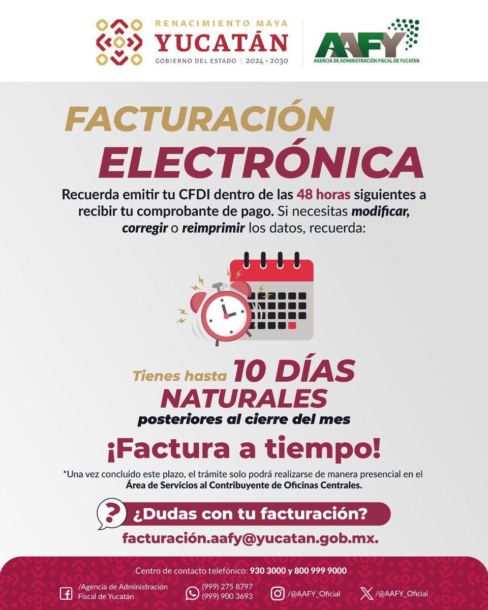 ⏰ El tiempo cuenta para tu CFDI

Emite tu factura electrónica dentro de las 48 h posteriores al pago.
Para correcciones, tienes 10 días naturales tras el cierre del mes.

¡Factura a tiempo!

#CFDI #FacturaciónElectrónica #AAFY #Yucatán