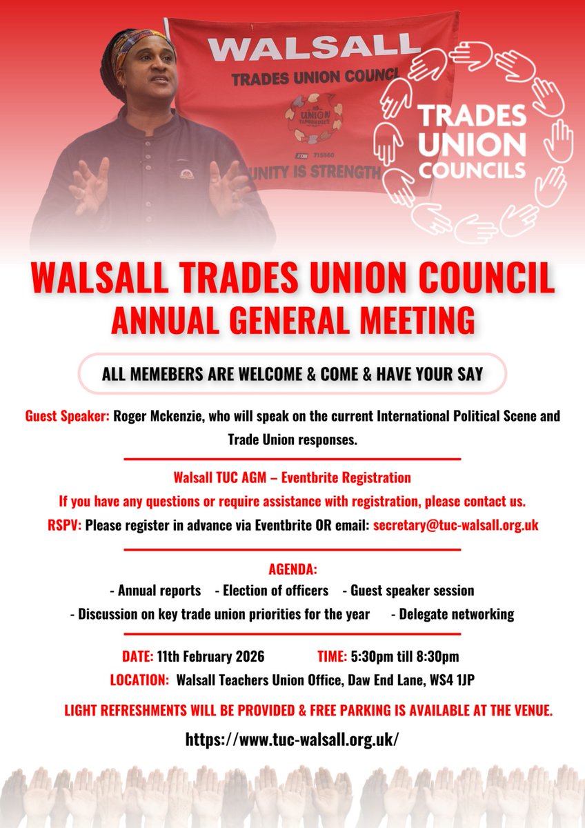 Join us at our Annual General Meeting! Our guest speaker Roger Mckenzie will be speaking  on the current international political scene.

RSVP
eventbrite.com/e/walsall-trad…

Hope to see you there!