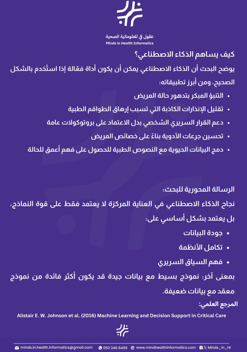 هل الذكاء الاصطناعي وحده كافٍ لتحسين القرار السريري؟

في العناية المركزة، التحدي الحقيقي ليس الخوارزميات… بل جودة البيانات. نموذج بسيط مع بيانات جيدة قد يكون أكثر فاعلية من نموذج معقد مع بيانات ضعيفة.

#عقول_تحدث_الفرق
#الذكاء_الاصطناعي_الصحي #المعلوماتية_الصحية