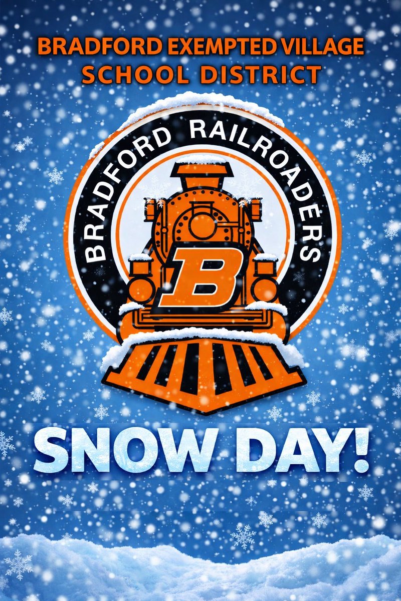 Bradford EVSD will be closed tomorrow Wednesday 1/28/2026. Since this is our sixth calamity day it will be made up on Presidents Day 2/16/2026. Thank you, stay safe and go Railroaders!