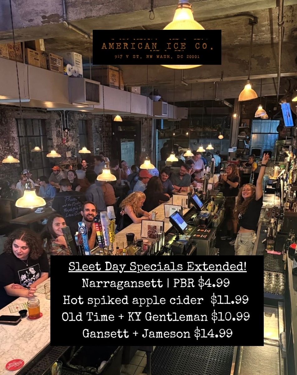 Dunno about you, but we’ve been having a blast at the neighborhood joint 🤪🍻
Let’s keep the snow/sleet day specials going, shall we? 
Bring board games, cards, whatever you want, mi casa es su casa.
Specials from 5 - 9pm.
Let’s go!
917 V Street NW