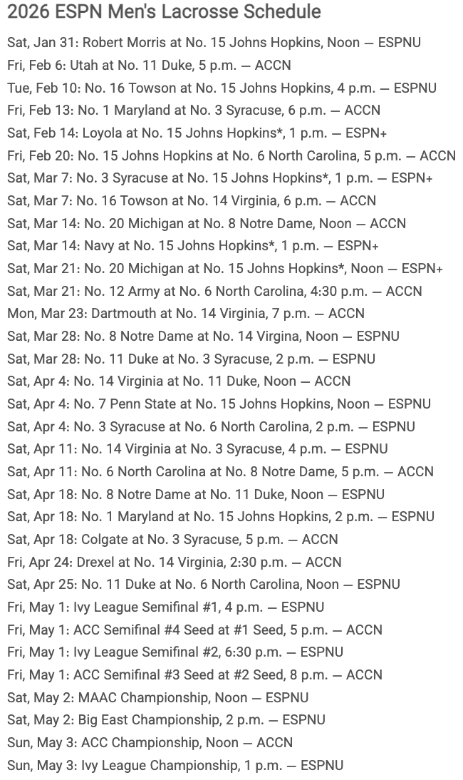 Inside_Lacrosse's tweet photo. There will be 2⃣1⃣ men's DI @NCAALAX games broadcast on linear ESPN networks in 2026! 🎉📺

🗓️: https://t.co/EP2SEHjsjl https://t.co/XzYz53yUnM