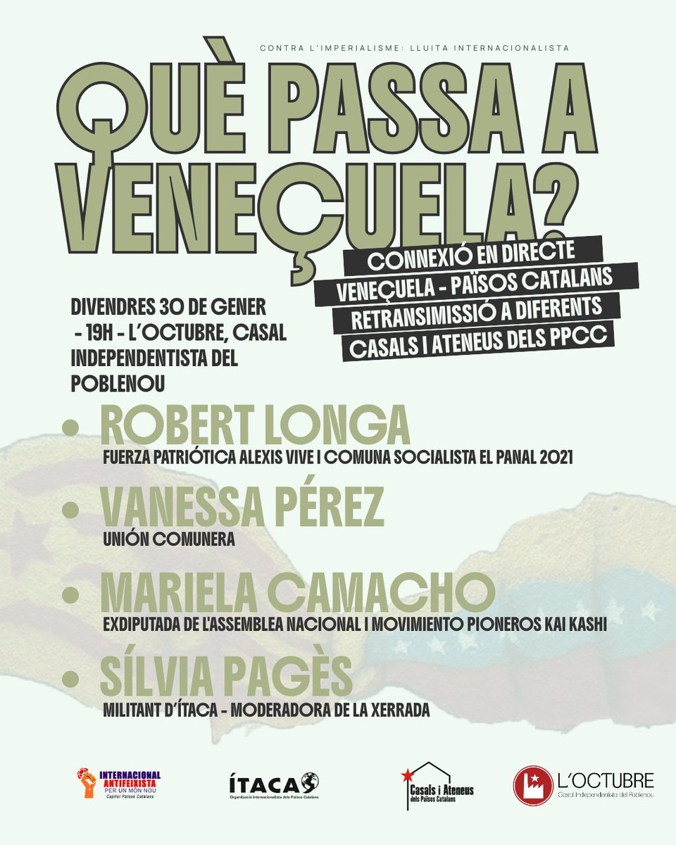 Octubre_P9's tweet image. Aquest divendres, casals i ateneus d'arreu del país retransmetrem📡 en directe una xerrada des de Veneçuela🇻🇪 parlant sobre la situació actual i els atacs imperialistes pateix el poble veneçolà. Acte organitzat per @itacappcc i @CasalsiAteneus

📍C/ Badajoz, 86
🕖A les 19h
