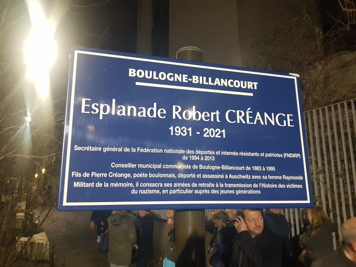 Ce jour 81ème anniversaire de la liberation d'Auschwitz-Birkenau <a href="/pcbaguet/">PC BAGUET</a> Maire de #BoulogneBillancourt a inauguré l'esplanade Robert Créange SG de la Fédération nationale des déportés internés et résistants patriotiques dont les parents furent déportés et assassinés à Auschwitz
