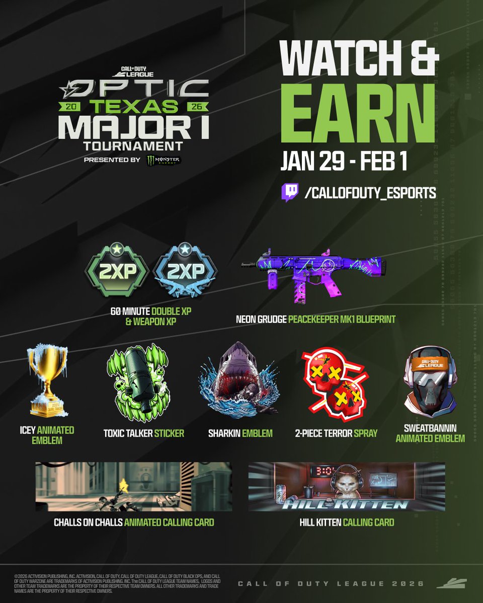 Watch Major I this weekend and earn rewards 🎁

Link your Twitch ➡️ callofdutyleague.com/en-us/viewersh…