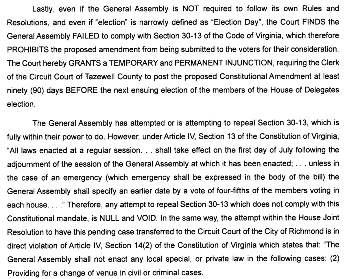 🚨 BREAKING: VA Circuit Court judge rules that the passage of the Dems Partisan Gerrymandering Amendment by the GA 4 days before the election in Nov violated the clear and unambiguous notice requirements of law. The court entered an injunction prohibiting the April 21 referendum.